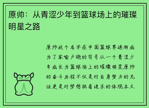 原帅：从青涩少年到篮球场上的璀璨明星之路