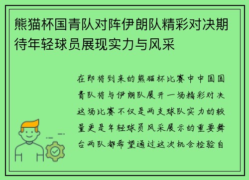 熊猫杯国青队对阵伊朗队精彩对决期待年轻球员展现实力与风采