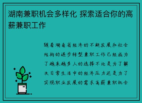 湖南兼职机会多样化 探索适合你的高薪兼职工作