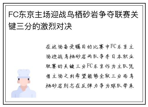 FC东京主场迎战鸟栖砂岩争夺联赛关键三分的激烈对决