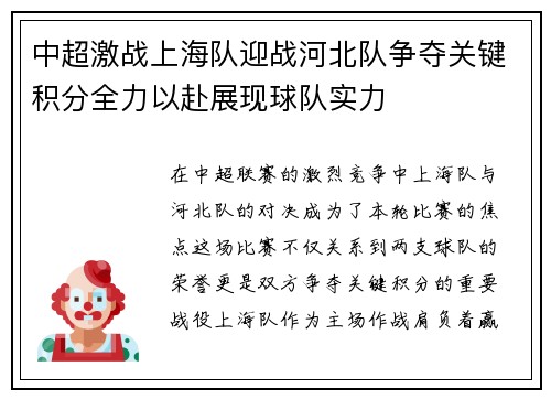 中超激战上海队迎战河北队争夺关键积分全力以赴展现球队实力