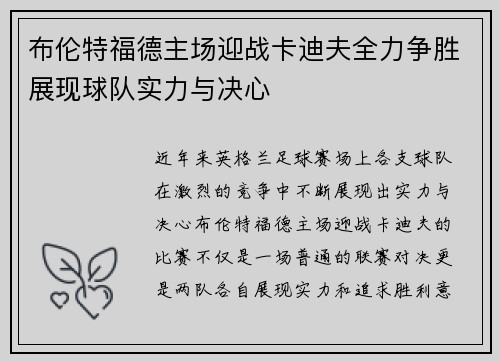布伦特福德主场迎战卡迪夫全力争胜展现球队实力与决心