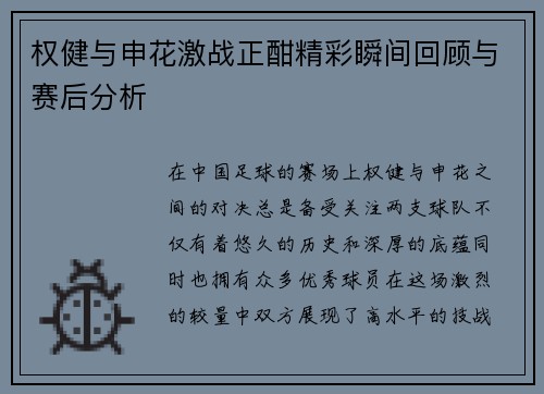 权健与申花激战正酣精彩瞬间回顾与赛后分析