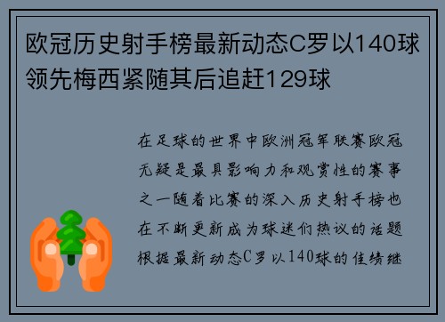 欧冠历史射手榜最新动态C罗以140球领先梅西紧随其后追赶129球