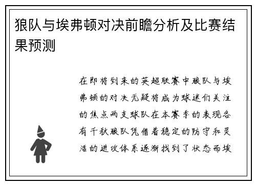 狼队与埃弗顿对决前瞻分析及比赛结果预测