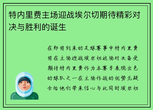 特内里费主场迎战埃尔切期待精彩对决与胜利的诞生