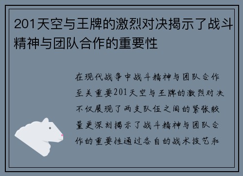 201天空与王牌的激烈对决揭示了战斗精神与团队合作的重要性
