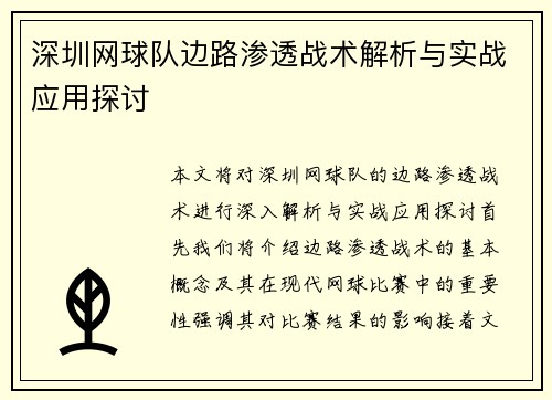 深圳网球队边路渗透战术解析与实战应用探讨