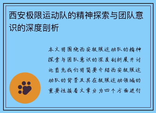 西安极限运动队的精神探索与团队意识的深度剖析