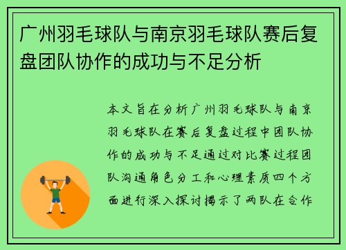 广州羽毛球队与南京羽毛球队赛后复盘团队协作的成功与不足分析