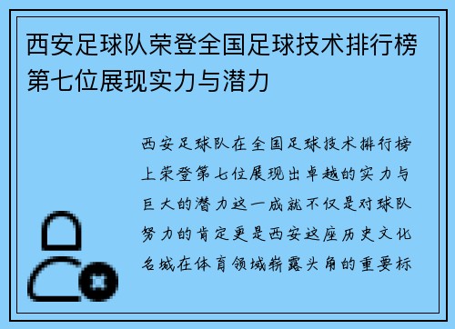 西安足球队荣登全国足球技术排行榜第七位展现实力与潜力