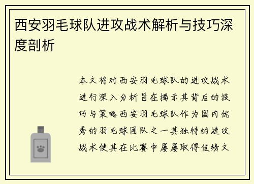 西安羽毛球队进攻战术解析与技巧深度剖析