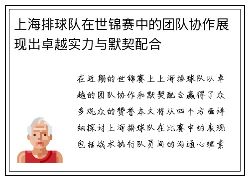 上海排球队在世锦赛中的团队协作展现出卓越实力与默契配合
