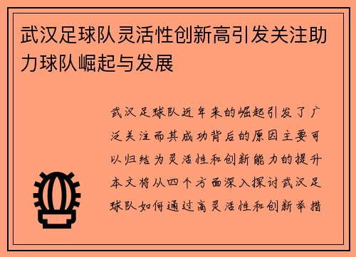 武汉足球队灵活性创新高引发关注助力球队崛起与发展